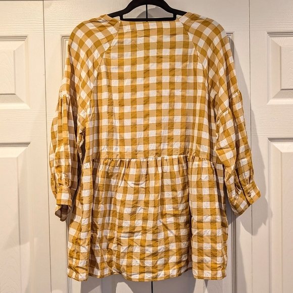 Maeve Anthropologie Women’s Medium Yellow Gingham Babydoll Blouse 3/4 Sleeve - Picture 4 of 6